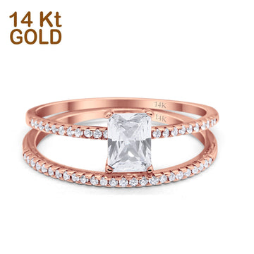 14K Rose Gold Art Deco Two Piece Wedding Radiant Simulated Cubic Zirconia Ring Size-7